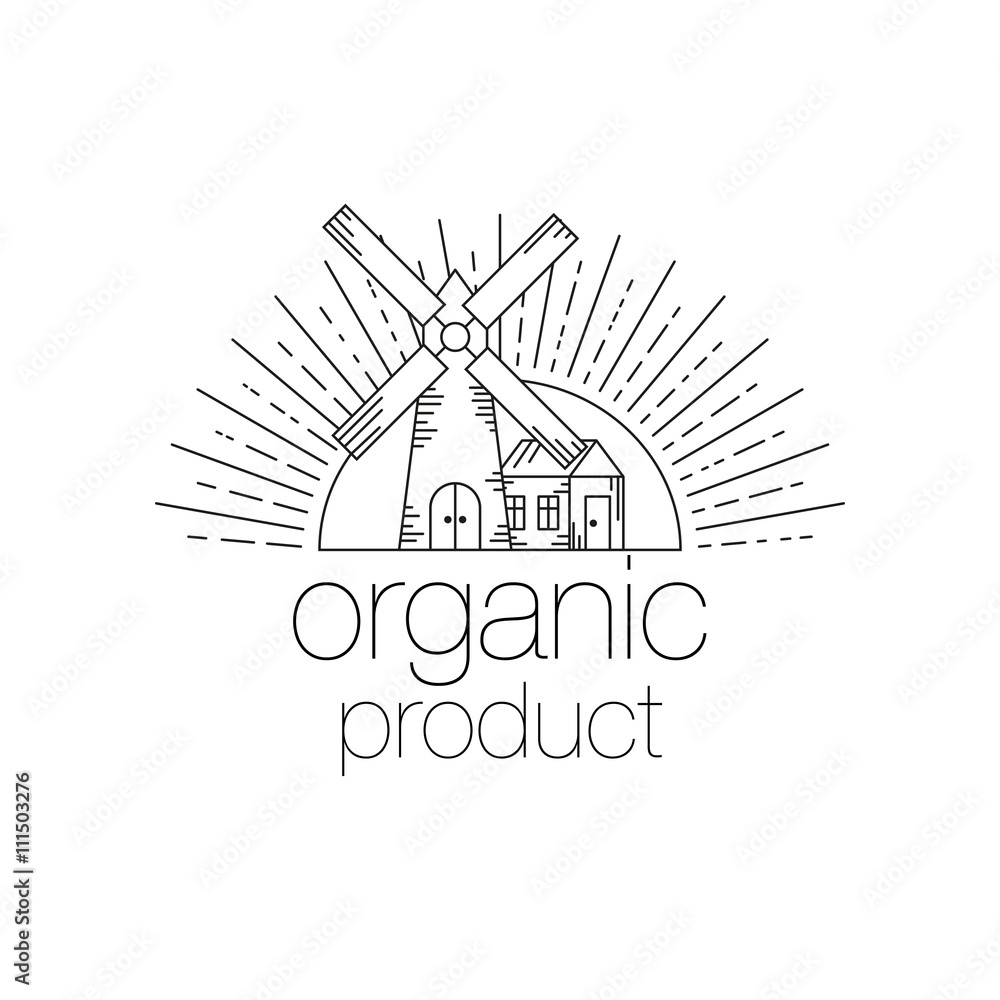Organic product icon design. Mill, sun, farmhouse and inscription organic product for food boxes. Line Art Vector illustration isolated on wight background