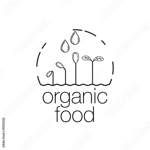 Organic food outline icon for food and drink, restaurants and organic products. Organic food stamp with sprouts and drops water. Line art Vector illustration isolated on wight background
