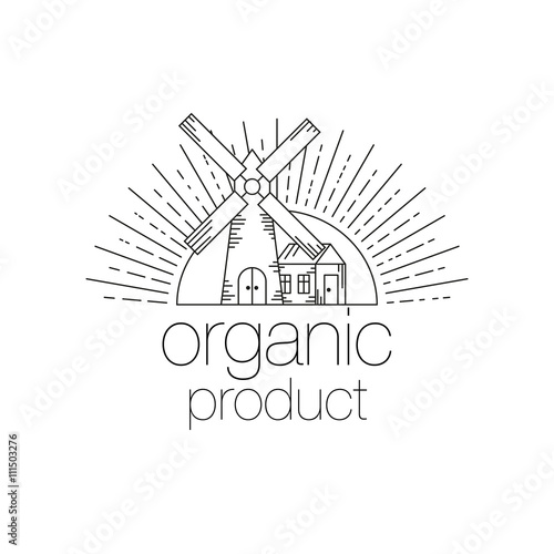 Organic product icon design. Mill, sun, farmhouse and inscription organic product for food boxes. Line Art Vector illustration isolated on wight background