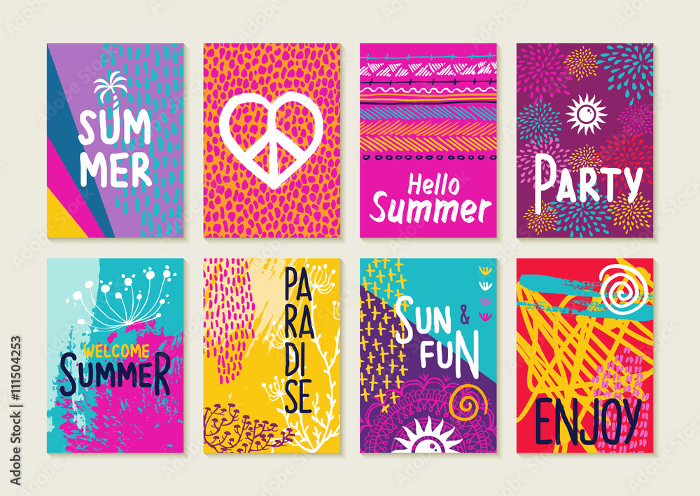 Colorful summer card set with beach illustrations