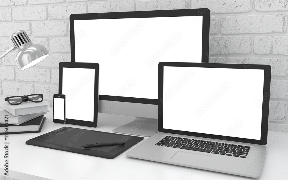 Responsive mockup screen. Monitor, laptop, tablet, phone on table in office. 3d rendering. Responsive mockup screen. Monitor, laptop, tablet, phone on table in office. 3d rendering.