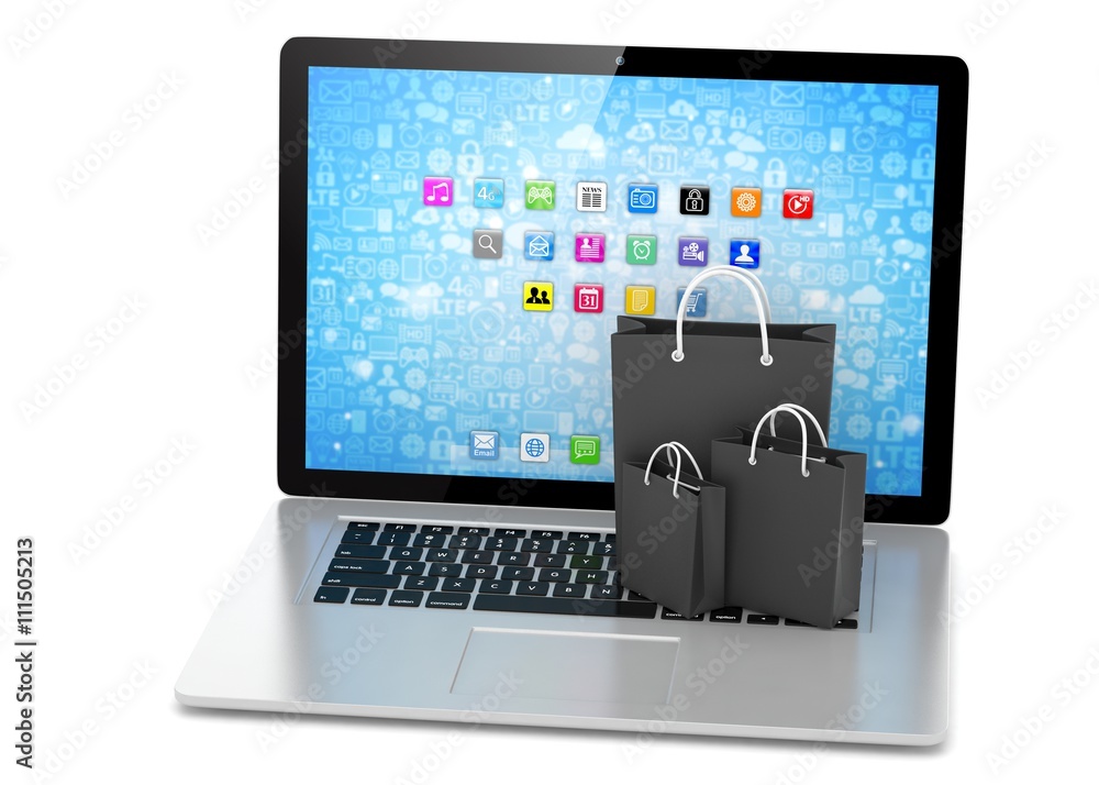 laptop and shopping pags on white background. 3d rendering. laptop and shopping pags on white background. 3d rendering.