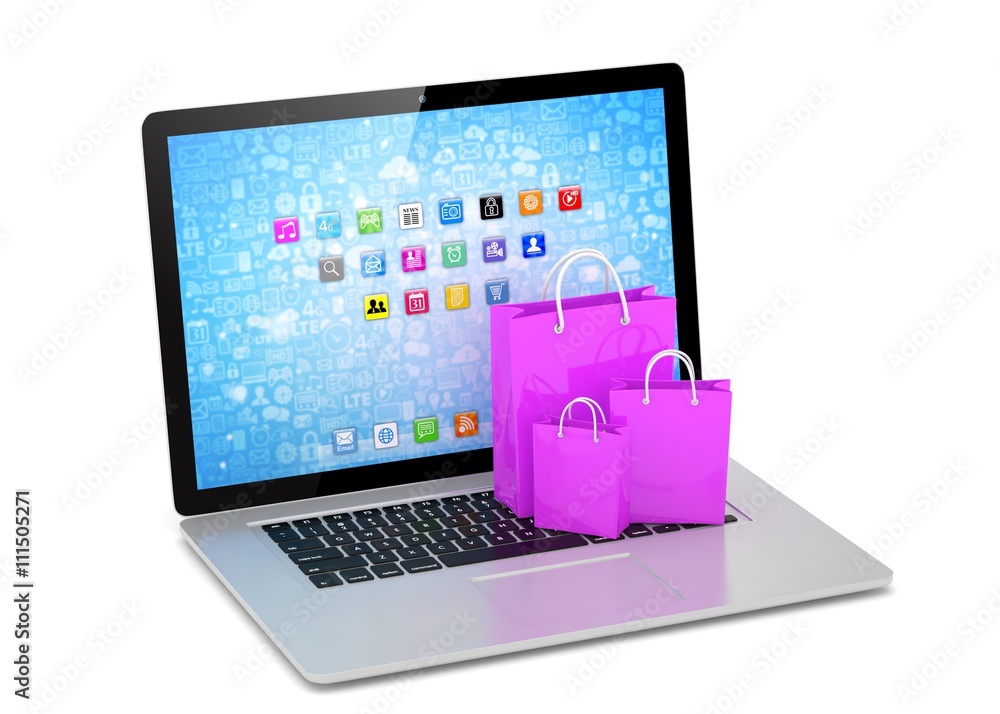 laptop and shopping pags on white background. 3d rendering. laptop and shopping pags on white background. 3d rendering.