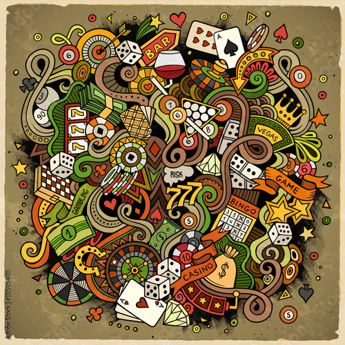 Cartoon hand-drawn doodles casino, gambling illustration