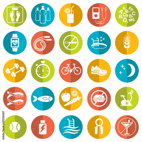 Set of flat vector icons with tips for losing weight isolated on white. Sport, diet and healthy lifestyle 
