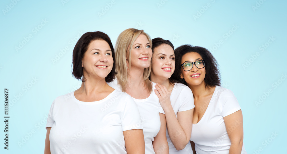 group of happy different women in white t-shirts group of happy different women in white t-shirts