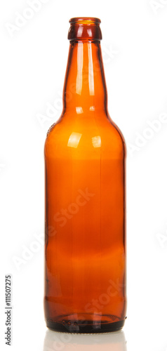 Glass empty brown beer bottle isolated on white.