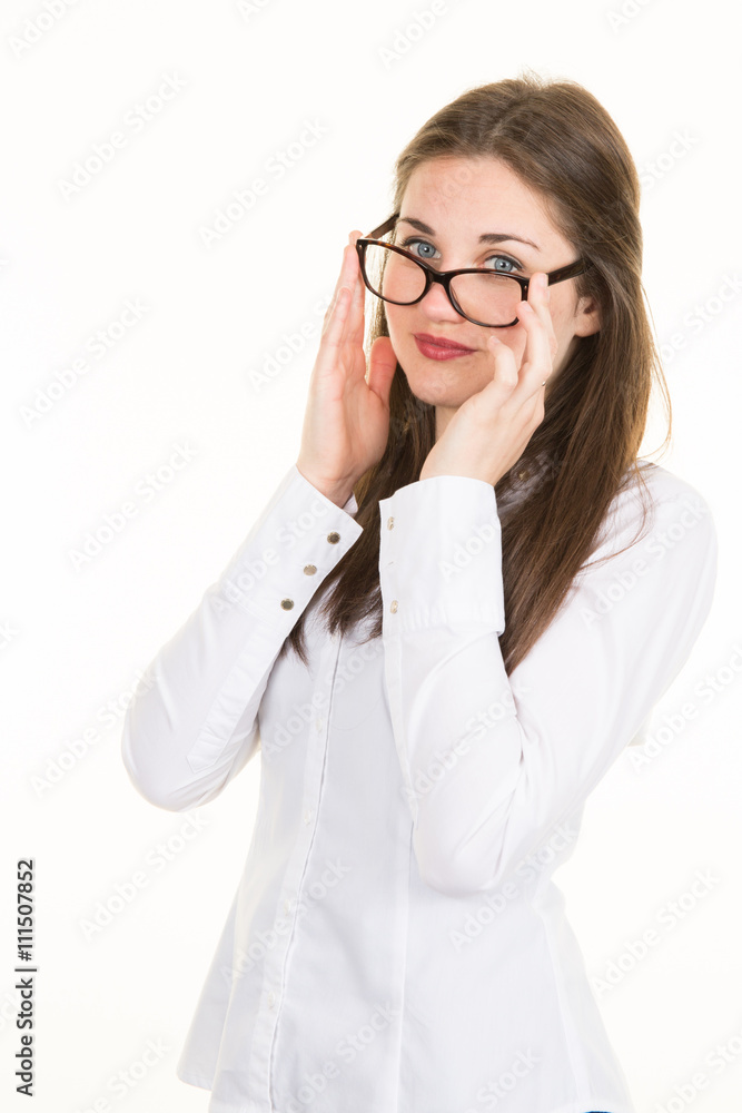 Serious business girl with glasses isolated on white