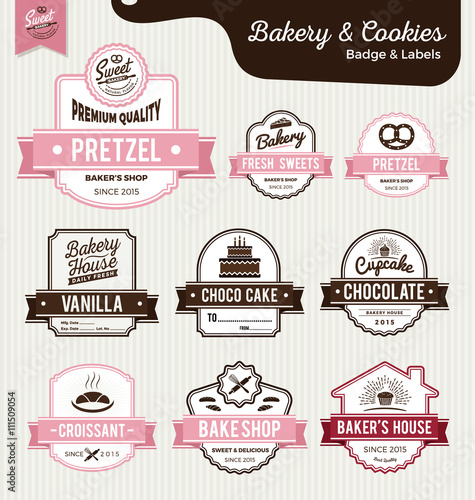 Set of sweet bakery and bread labels design for sweets shop, bakery shop, cake shop, restaurant, bake shop. Vector illustration.