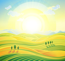 Foto auf Acrylglas Gelb Landschaftshintergrund. Ländliche Landschaft des Sommersonnenaufgangs mit sanften Hügeln und Feldern.  © Rustic