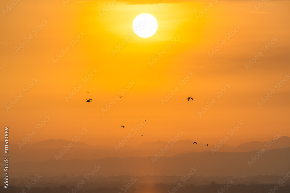 Natural aerial view of sunrise or sunset over mountain ranges. Scenery of Pa Sak Chonlasit, Lopburi province, Thailand.