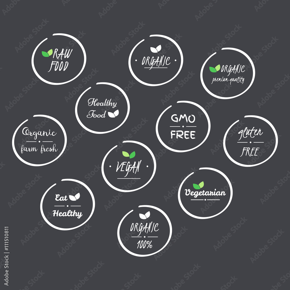 vector set of  icons of Organic, Healthy, Vegan, Vegetarian, Raw, GMO, Gluten free Food, white circle logo symbols on grey background