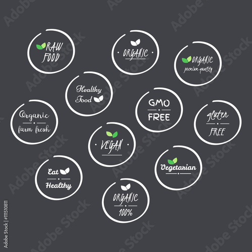 vector set of icons of Organic, Healthy, Vegan, Vegetarian, Raw, GMO, Gluten free Food, white circle logo symbols on grey background