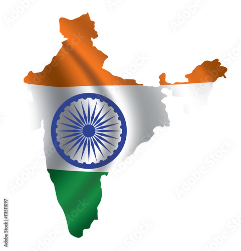 Vector India flag blowing in the wind in India map shape.