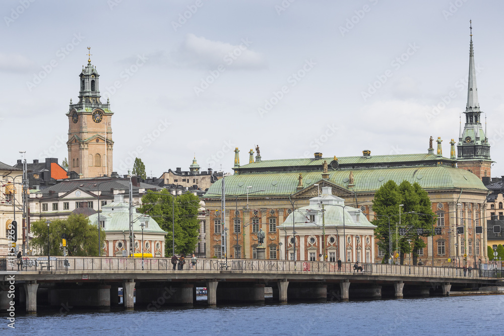 Scenic panorama of the Old Town (Gamla Stan) pier architecture in Stockholm, Sweden