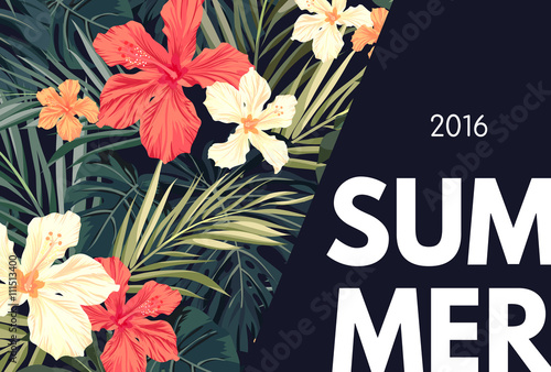 Summer tropical hawaiian background with palm tree leaves and exotic flowers