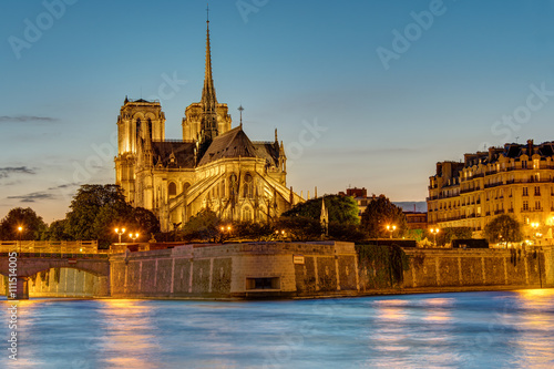 The famous Notre Dame cathedral in Paris at dawn