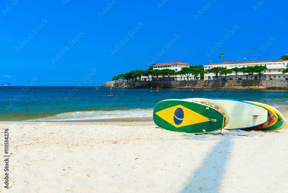 Surfboards on the Copacabana beach in Rio de Janeiro. Brazil Surfboards on the Copacabana beach in Rio de Janeiro. Brazil