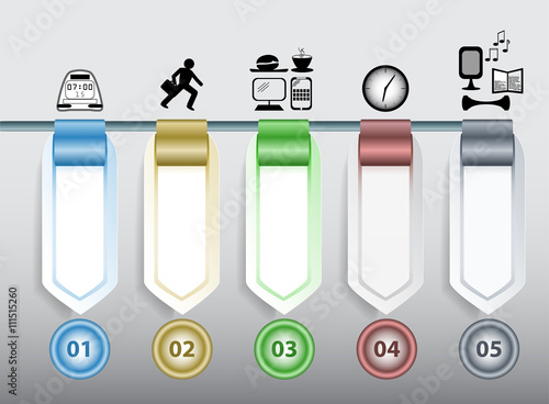 Infographics step by step template with icons, arrows, blank banners and buttons. 3d colorful template with clock, man, computer, book, notes, burger, coffee and speaker