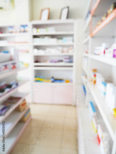 blur shelves filled with medication in the pharmacy