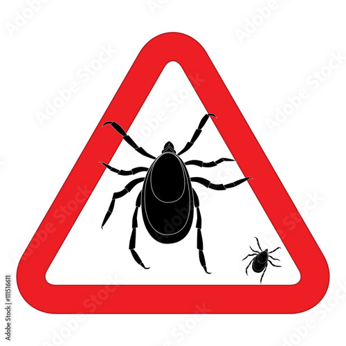Mite warning sign. Vector illustration of tick warning sign. Bud warning sign. Parasite warning sign. Mite skin parasite vector sign. Mite skin parasite isolated on white.