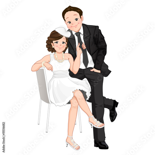Wedding cartoon, bride sitting and pulling on grooms tie with happy face, isolated  mode