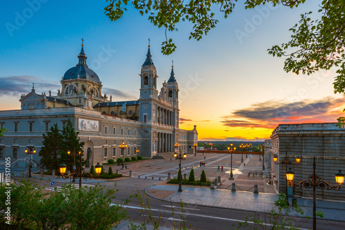 Sunset view of Cathedral Santa Maria la Real de La Almudena in Madrid, Spain
