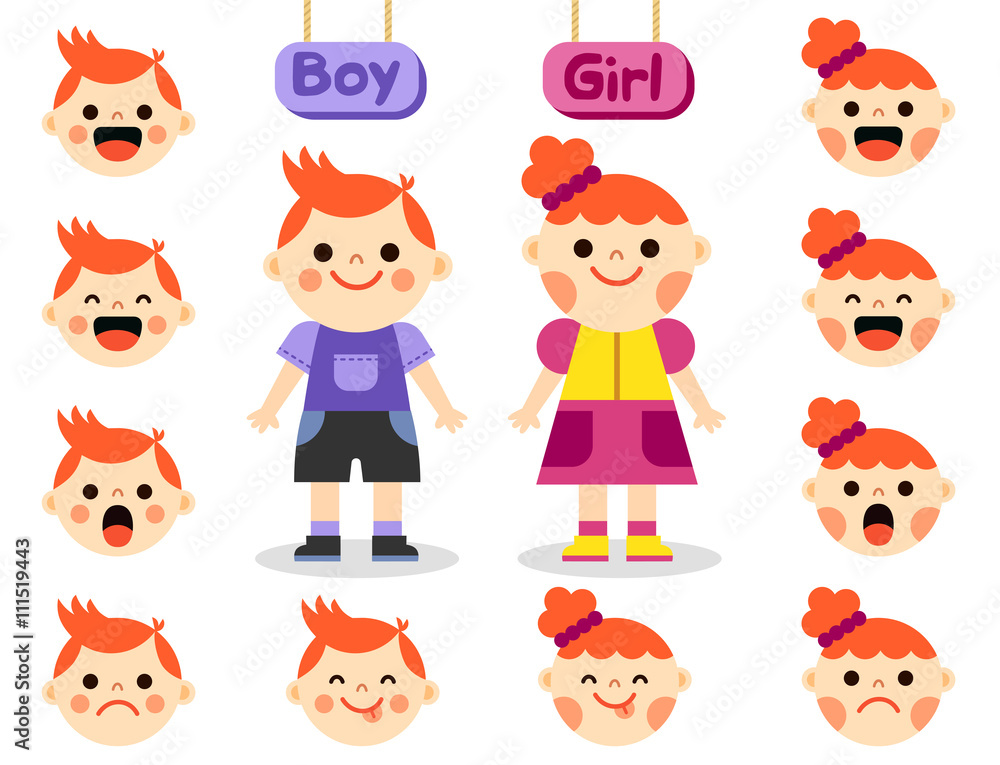 Cute girl and boy with faces showing different emotions Cute girl and boy with faces showing different emotions