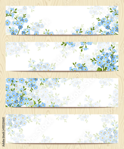 Set of four vector web banners with blue forget-me-not flowers.