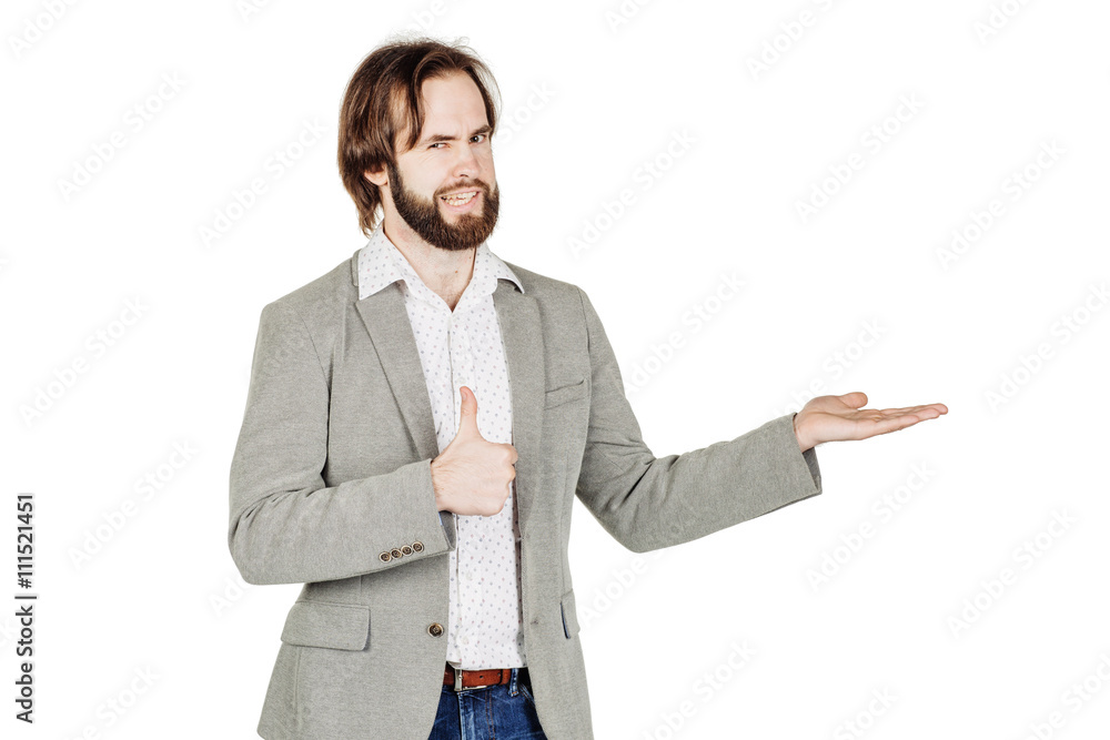 man presenting or showing something your text or product. human man presenting or showing something your text or product. human