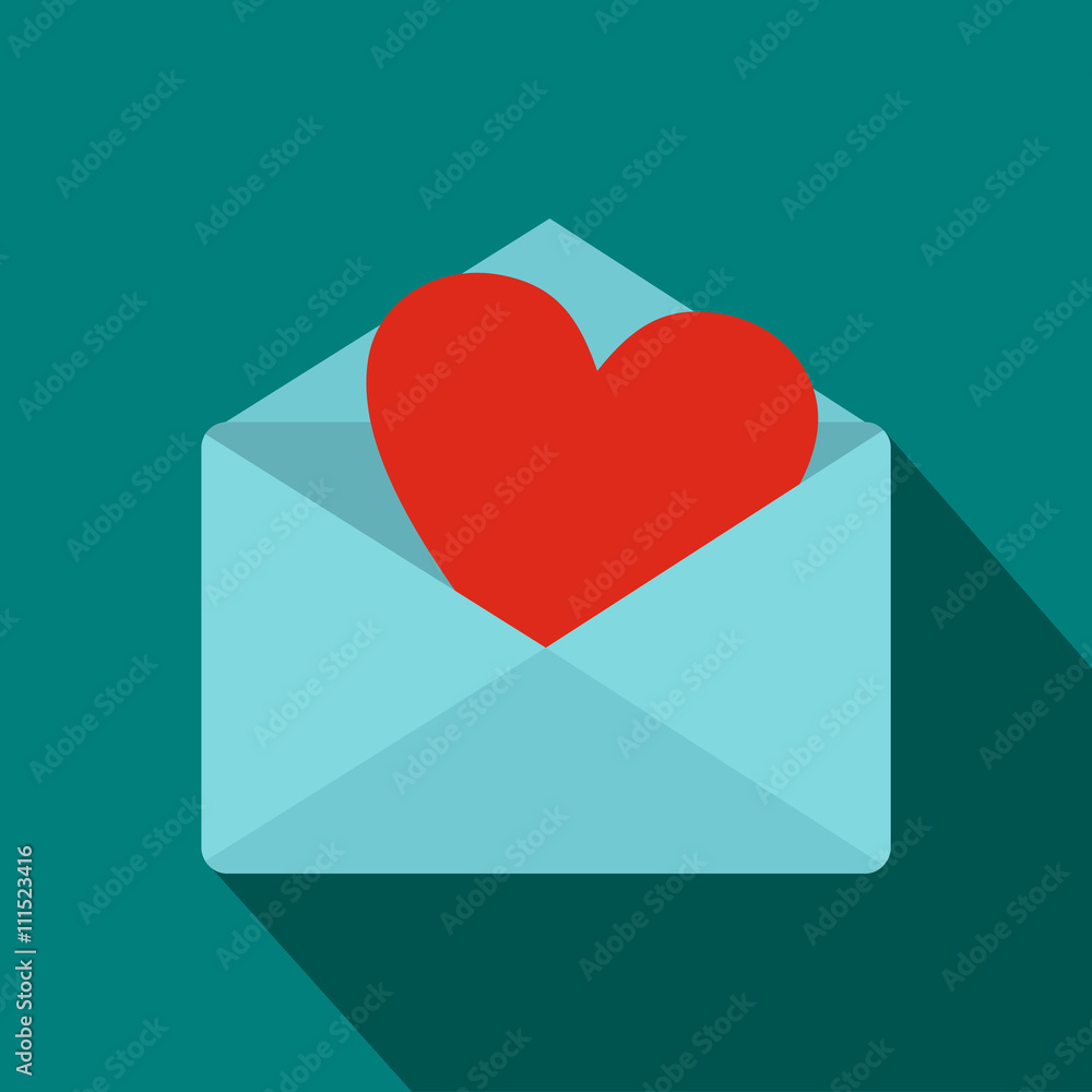 Blue envelope with red heart icon, flat style
