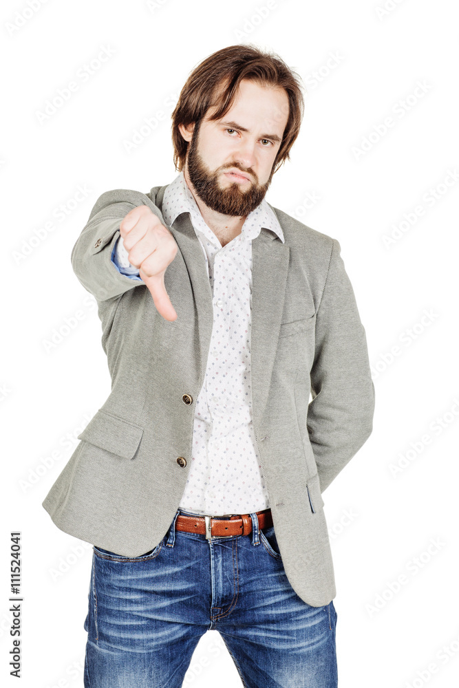 businessman looking at camera and showing his thumb down while businessman looking at camera and showing his thumb down while