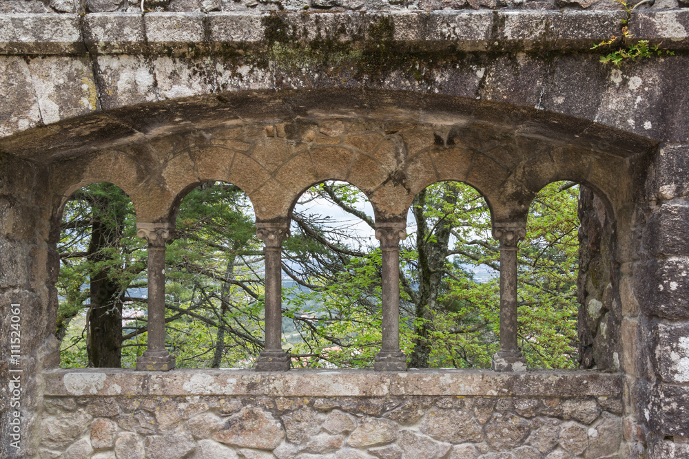 stone window arches with a view of trees