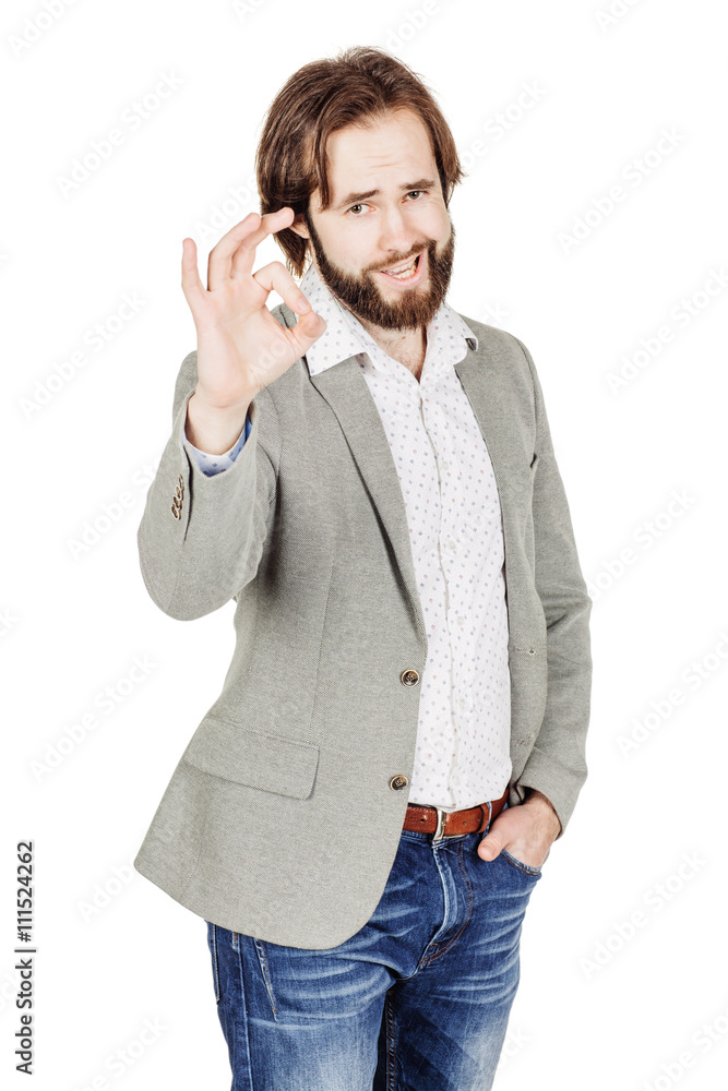 usinessman looking at camera and showing OK while standing again usinessman looking at camera and showing OK while standing again