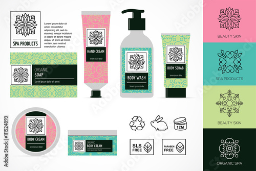 Set of natural cosmetics design packaging, icons, paraben free, organic bio product, not tested on animals