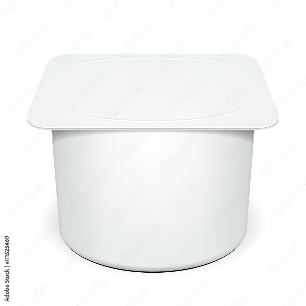 White Cup Tub Food Plastic Container For Dessert, Yogurt, Ice Cream, Sour Sream Or Snack. Illustration Isolated On White Background. Mock Up Template Ready For Your Design. Vector EPS10 White Cup Tub Food Plastic Container For Dessert, Yogurt, Ice Cream, Sour Sream Or Snack. Illustration Isolated On White Background. Mock Up Template Ready For Your Design. Vector EPS10
