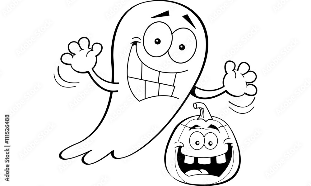 Black and white illustration of a ghost with a pumpkin.