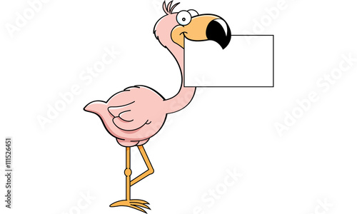 Cartoon illustration of a flamingo holding a sign.