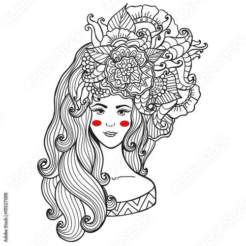 Vector illustration  card  beauty and fashion. Girl with flowers on her head. Zentangl  dudling. Adult coloring books.