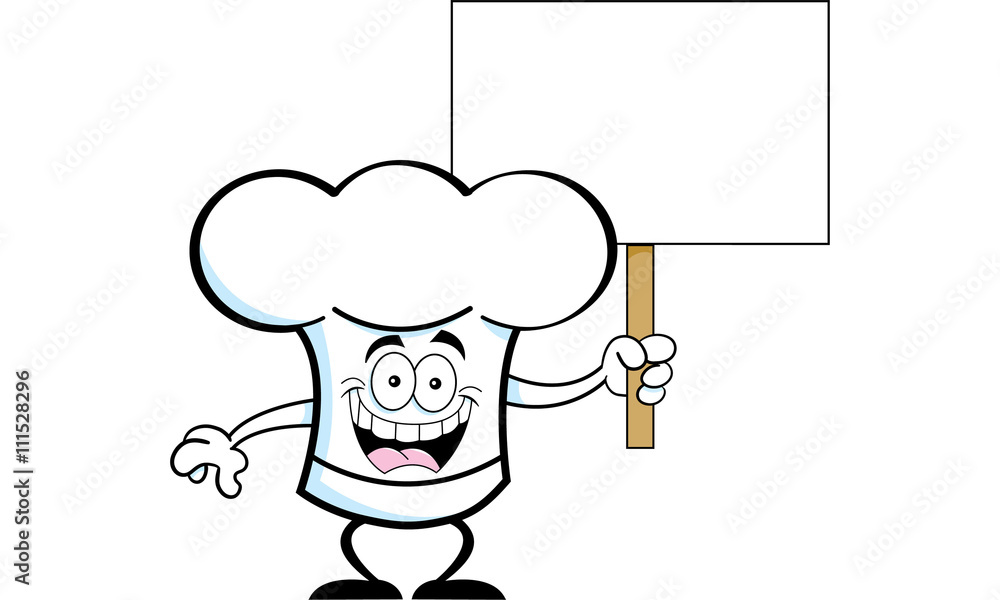 Cartoon illustration of a chef's hat holding a sign. Cartoon illustration of a chef's hat holding a sign.