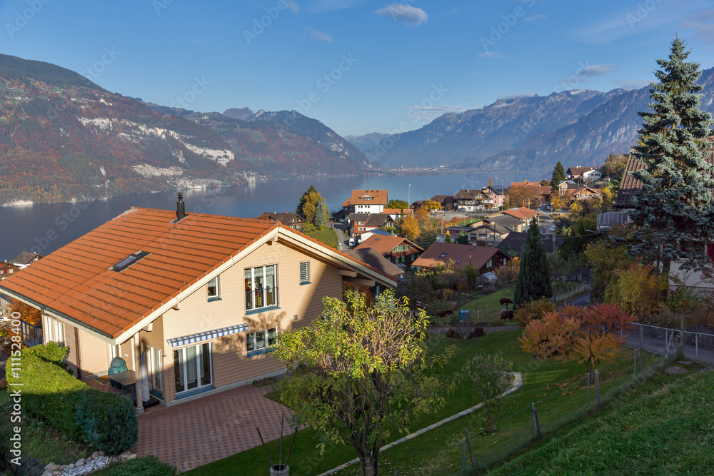 Lake Thun and typical Switzerland village near town of Interlaken, canton of Bern