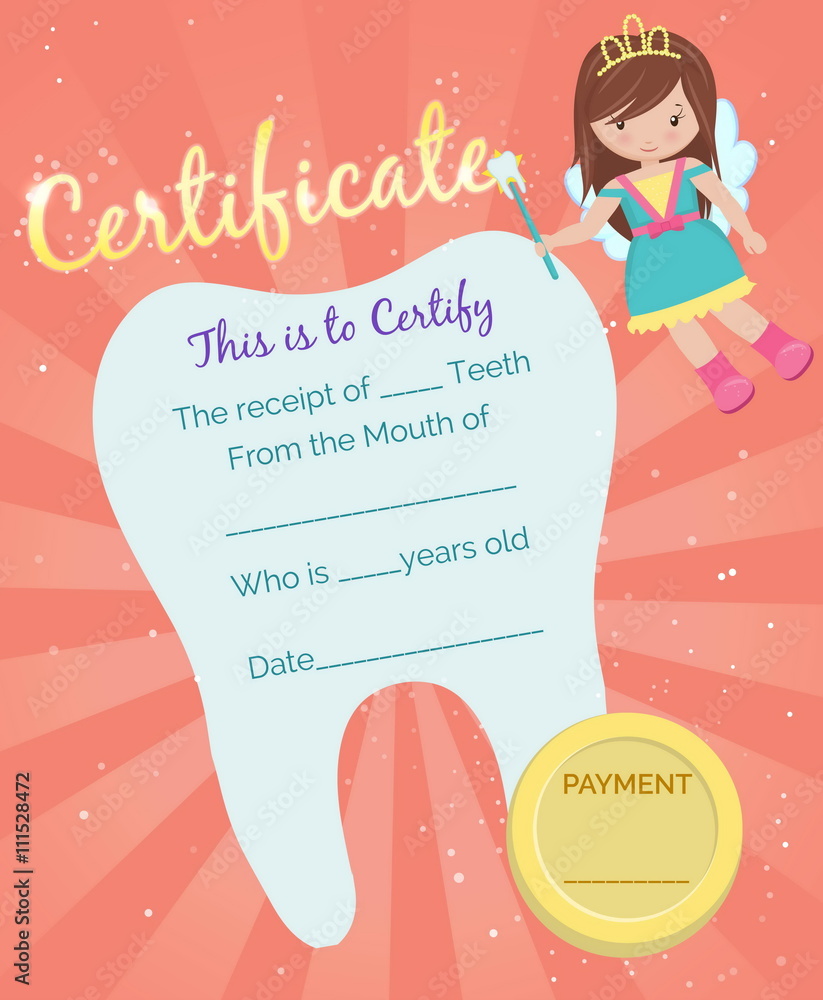 Fototapeta premium Cute tooth fairy receipt certificate template with sparkling tooth, tooth fairy girl and coin. Reward for children who loose their baby teeth.