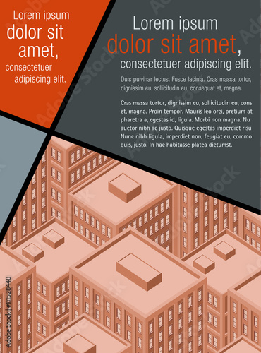 Red template for advertising brochure with big city with buildings. Downtown.