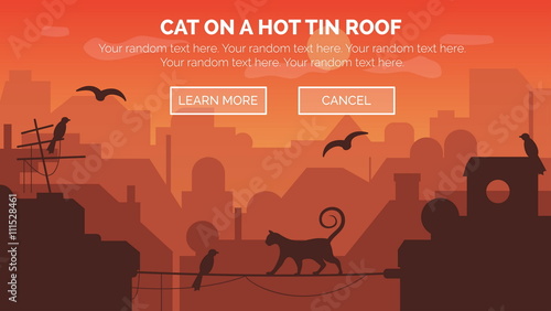 Modern urban sinrise scene with architecture and building silouettes in aerial view with a cat walking on a wire between two buildings.