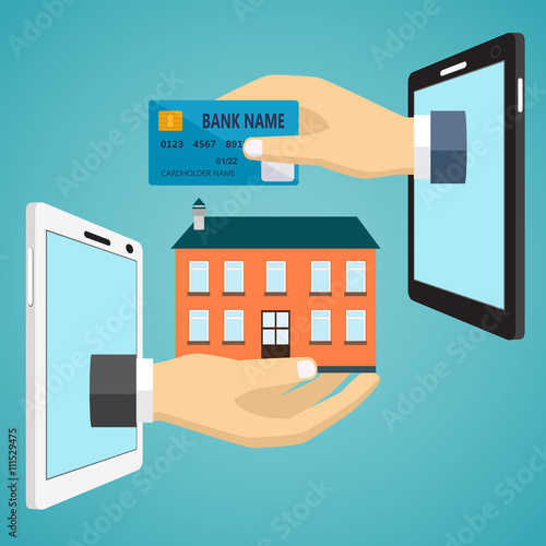 Hand with credit card and hand with house.