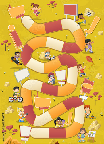 Colorful park with cartoon children playing over a board game with a block path