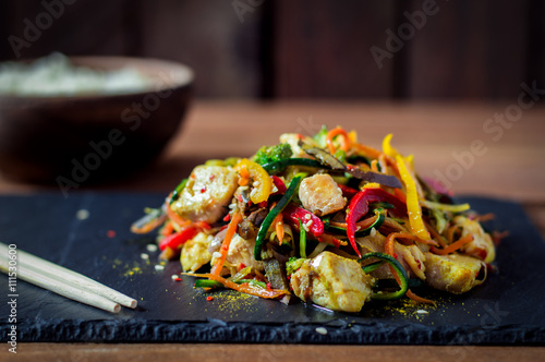 Canvas Print Stir Fried Chicken Meat With Various Vegetable