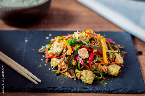Fotografie Stir Fried Chicken Meat With Various Vegetable