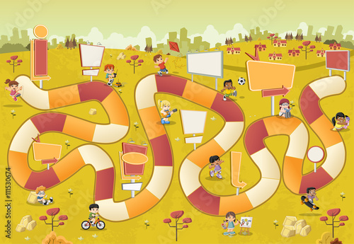 Colorful park with cartoon children playing over a board game with a block path on the city.