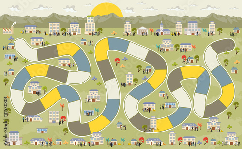 Board game with a block path on the city with people
